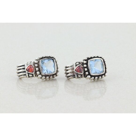 Sterling Silver Blue Glass with Red CZ J Hoop Earrings - Picture 1 of 8